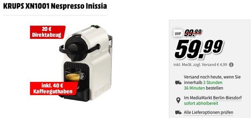 MediaMarkt 20 Direktabzug auf  Nespresso Kapselmaschinen: KRUPS XN1001 Nespresso Inissia - jetzt 33% billiger