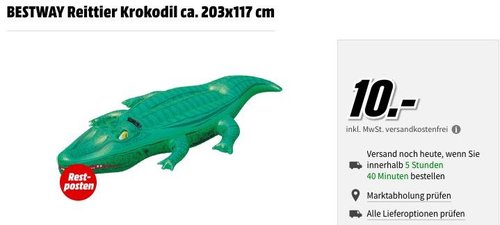 MediaMarkt Restposten - Aktion: z.B. BESTWAY Schwimmtier/Reittier Krokodil ca. 203x117 cm - jetzt 50% billiger