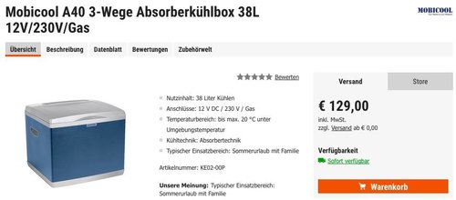 Mobicool A40 3-Wege Absorberkühlbox 38L 12V/230V/Gas - jetzt 13% billiger Mobicool A40 3-Wege Absorberkühlbox 38L 12V/230V/Gas - jetzt 13% billiger