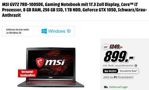 MSI GV72 7RD-1005DE Gaming Notebook (17.3 Zoll Display, Core i7 Prozessor, 8 GB RAM, 256 GB SSD, 1 TB HDD, GeForce GTX 1050, Win10) - jetzt 10% billiger MSI GV72 7RD-1005DE Gaming Notebook (17.3 Zoll Display, Core i7 Prozessor, 8 GB RAM, 256 GB SSD, 1 TB HDD, GeForce GTX 1050, Win10) - jetzt 10% billiger