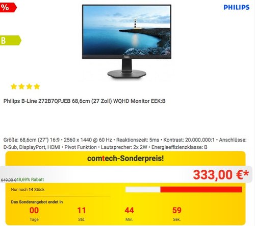 Philips B-Line 272B7QPJEB 68,6cm (27 Zoll) WQHD Monitor - jetzt 13% billiger