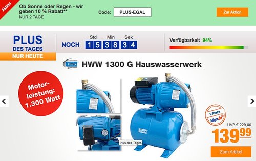 plus.de Onlineshop: 10% Rabatt auf fast alles - Güde HWW 1300 G Hauswasserwerk - jetzt 22% billiger
