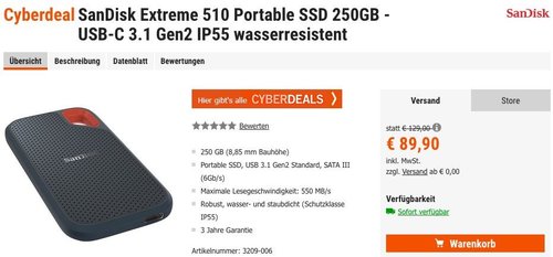 SanDisk Extreme Portable SSD 250GB Festplatte USB-C 3.1 - jetzt 18% billiger SanDisk Extreme Portable SSD 250GB Festplatte USB-C 3.1 - jetzt 18% billiger