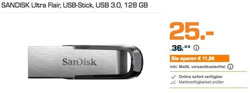 SANDISK Ultra Flair, USB-Stick, USB 3.0, 128 GB - jetzt 32% billiger