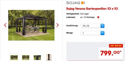 Sojag Verona Gartenpavillon 298 x 298 cm - jetzt 11% billiger