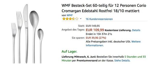 WMF Besteck-Set Corio 60-teilig für 12 Personen - jetzt 21% billiger WMF Besteck-Set Corio 60-teilig für 12 Personen - jetzt 21% billiger