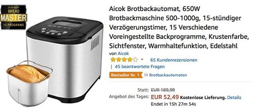 Aicok Brotbackautomat, 650W Brotbackmaschine 500-1000g - jetzt 53% billiger Aicok Brotbackautomat, 650W Brotbackmaschine 500-1000g - jetzt 53% billiger