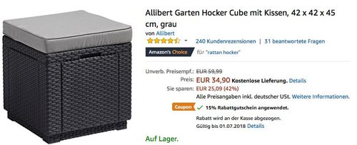 Allibert Garten Hocker Cube mit Kissen - jetzt 15% billiger