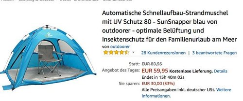 Automatische Schnellaufbau-Strandmuschel mit UV Schutz 80 - SunSnapper - jetzt 24% billiger Automatische Schnellaufbau-Strandmuschel mit UV Schutz 80 - SunSnapper - jetzt 24% billiger
