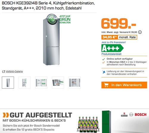 BOSCH KGE392I4B Serie 4  Kühlgefrierkombination + 12 BECK'S Sixpacks (0,33 l) gratis dazu - jetzt 5% billiger