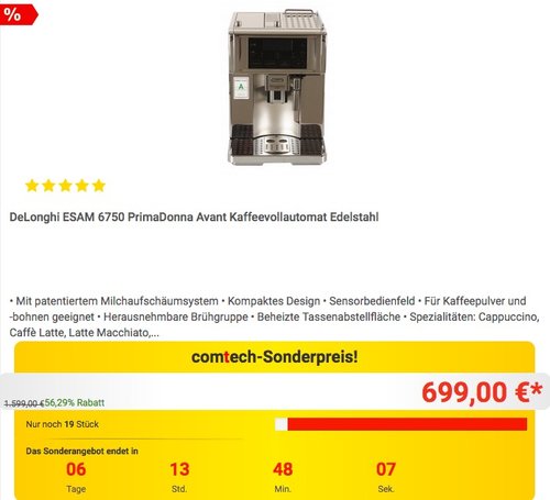 DeLonghi ESAM 6750 PrimaDonna Avant Kaffeevollautomat Edelstahl - jetzt 9% billiger DeLonghi ESAM 6750 PrimaDonna Avant Kaffeevollautomat Edelstahl - jetzt 9% billiger