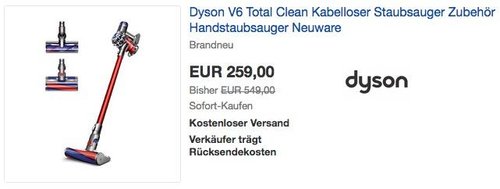 Dyson V6 Total Clean Kabelloser Staubsauger - jetzt 13% billiger Dyson V6 Total Clean Kabelloser Staubsauger - jetzt 13% billiger