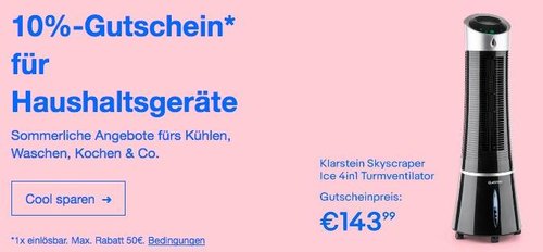 eBay - Aktion 10% Rabat auf ausgewählte Haushaltsgeräte: z.B. Klarstein Skyscraper Ice 4-in-1 Klimagerät Ventilator - jetzt 10% billiger