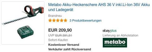 eBay Metabo-Aktion: z.B. Metabo Akku-Heckenschere AHS 36 V inkl.Li-Ion 36V Akku und Ladegerät - jetzt 15% billiger eBay Metabo-Aktion: z.B. Metabo Akku-Heckenschere AHS 36 V inkl.Li-Ion 36V Akku und Ladegerät - jetzt 15% billiger