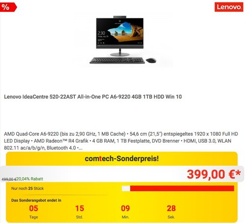 Lenovo IdeaCentre 520-22AST All-in-One PC A6-9220 4GB 1TB HDD Win 10 - jetzt 20% billiger