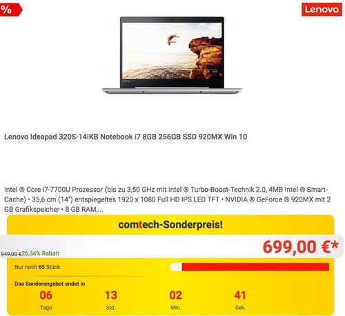 Lenovo Ideapad 320S-14IKB Notebook i7 8GB 256GB SSD 920MX Win 10 - jetzt 13% billiger