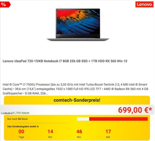 Lenovo IdeaPad 720-15IKB Notebook i7 8GB 256 GB SSD + 1TB HDD RX 560 - jetzt 22% billiger