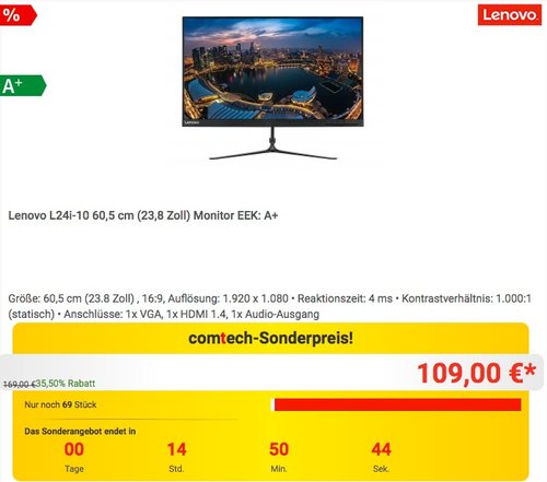 Lenovo L24i-10 60,5 cm (23,8 Zoll) Monitor  EEK: A+ - jetzt 21% billiger Lenovo L24i-10 60,5 cm (23,8 Zoll) Monitor  EEK: A+ - jetzt 21% billiger