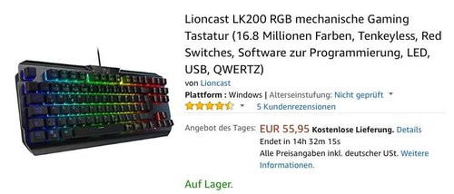 Lioncast LK200 RGB mechanische Gaming Tastatur - jetzt 27% billiger Lioncast LK200 RGB mechanische Gaming Tastatur - jetzt 27% billiger