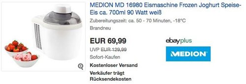 MEDION MD 16980 Eismaschine Frozen Joghurt Speise-Eis ca. 700ml 90 Watt - jetzt 30% billiger