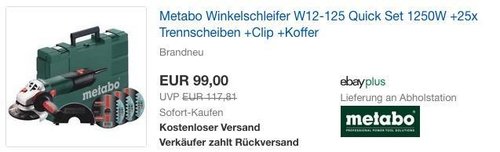 Metabo Winkelschleifer W12-125 Quick Set 1250W + 25x Trennscheiben + Clip + Koffer - jetzt 22% billiger