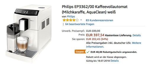 Philips EP3362/00 Kaffeevollautomat (Milchkaraffe, AquaClean) weiß - jetzt 10% billiger