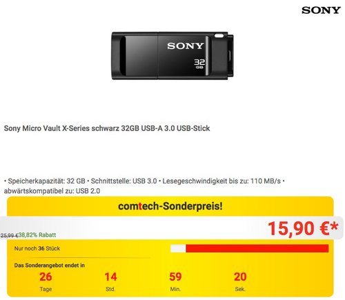 Sony Micro Vault X-Series schwarz 32GB USB-A 3.0 USB-Stick - jetzt 17% billiger Sony Micro Vault X-Series schwarz 32GB USB-A 3.0 USB-Stick - jetzt 17% billiger