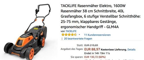 TACKLIFE Rasenmäher Elektro, 1600W - jetzt 24% billiger TACKLIFE Rasenmäher Elektro, 1600W - jetzt 24% billiger