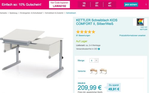 Babymarkt.de - 10% Rabatt auf fast alles: z.B. KETTLER Schreibtisch KIDS COMFORT II - jetzt 10% billiger Babymarkt.de - 10% Rabatt auf fast alles: z.B. KETTLER Schreibtisch KIDS COMFORT II - jetzt 10% billiger