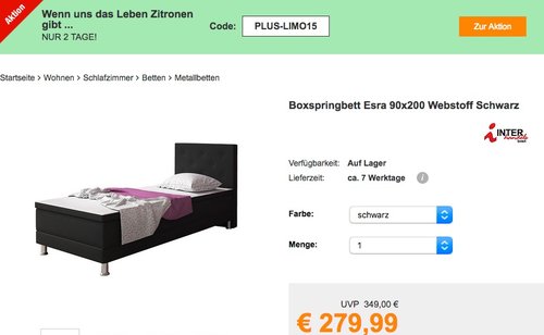 Boxspringbett Esra 90x200 - jetzt 11% billiger Boxspringbett Esra 90x200 - jetzt 11% billiger