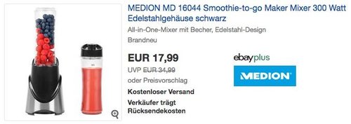 eBay Medion-Aktion: z.B. MEDION MD 16044 Smoothie-to-go Maker Mixer 300 Watt - jetzt 28% billiger