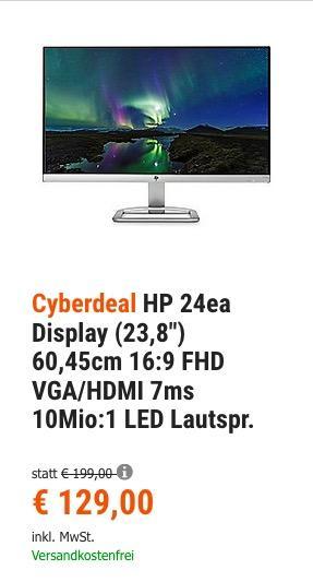 HP 24ea (X6W26AA) IPS-Monitor 60,45 cm (23,8" ) mit Lautsprecher - jetzt 24% billiger