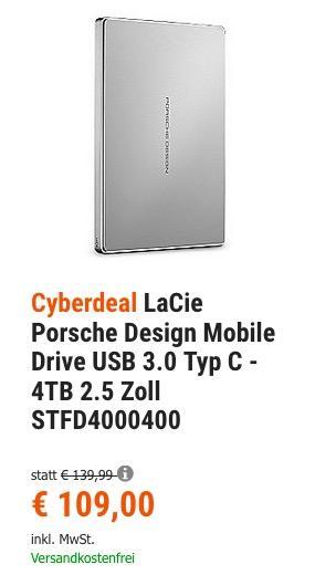 LaCie Porsche Design Mobile Drive USB 3.0 Typ C - 4TB 2.5 Zoll externe Festplatte - jetzt 13% billiger LaCie Porsche Design Mobile Drive USB 3.0 Typ C - 4TB 2.5 Zoll externe Festplatte - jetzt 13% billiger