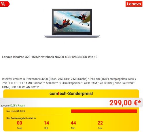 Lenovo IdeaPad 320-15IAP Notebook N4200 4GB 128GB SSD Win 10 - jetzt 32% billiger Lenovo IdeaPad 320-15IAP Notebook N4200 4GB 128GB SSD Win 10 - jetzt 32% billiger