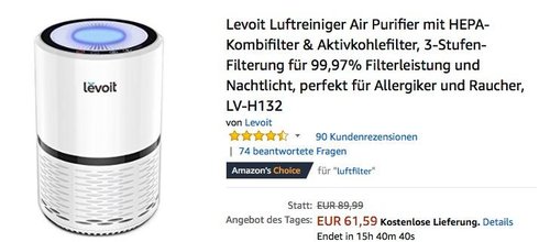 Levoit Luftreiniger Air Purifier mit HEPA-Kombifilter & Aktivkohlefilter - jetzt 25% billiger Levoit Luftreiniger Air Purifier mit HEPA-Kombifilter & Aktivkohlefilter - jetzt 25% billiger