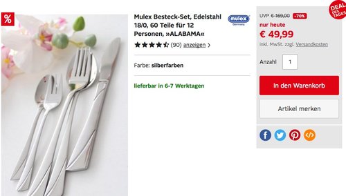 Mulex Besteck-Set ALABAMA, Edelstahl 18/0, 60 Teile für 12 Personen - jetzt 19% billiger Mulex Besteck-Set ALABAMA, Edelstahl 18/0, 60 Teile für 12 Personen - jetzt 19% billiger