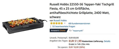 Russell Hobbs 22550-56 Teppan-Yaki Tischgrill Fiesta - jetzt 18% billiger Russell Hobbs 22550-56 Teppan-Yaki Tischgrill Fiesta - jetzt 18% billiger