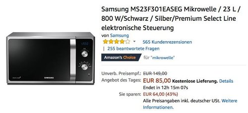 Samsung MS23F301EASEG Mikrowelle, 23 L, 800 W, Schwarz/Silber - jetzt 11% billiger