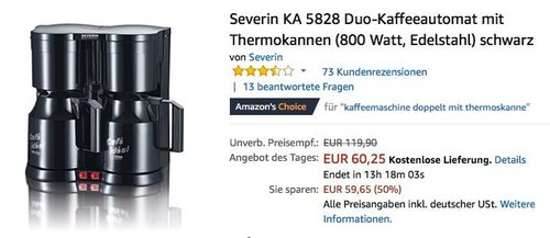 Severin KA 5828 Duo-Kaffeeautomat mit Thermokannen - jetzt 18% billiger