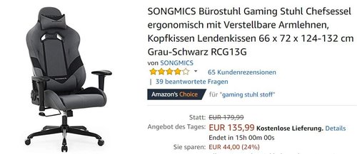 SONGMICS Bürostuhl Gaming Stuhl Chefsessel  Grau-Schwarz RCG13G - jetzt 9% billiger