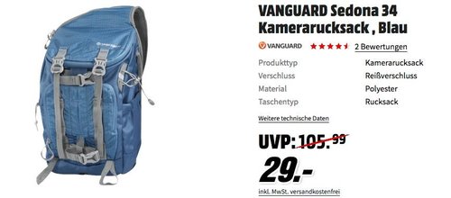 VANGUARD Sedona 34 Kamerarucksack in Blau - jetzt 27% billiger VANGUARD Sedona 34 Kamerarucksack in Blau - jetzt 27% billiger