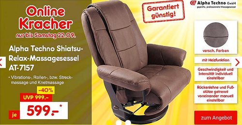 Alpha Techno Shiatsu-Relax-Massagesessel AT-7157 mit Heizfunktion in Braun oder Grau - jetzt 14% billiger