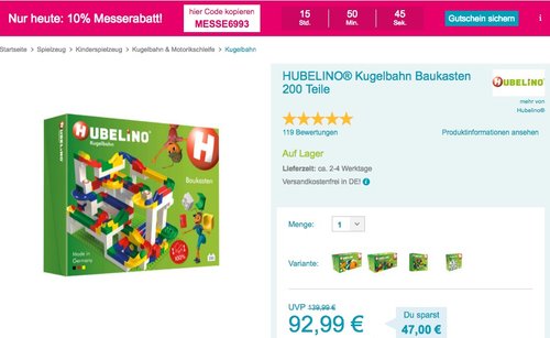 Babymarkt.de - 10% Rabatt auf fast alles: z.B. HUBELINO® Kugelbahn Baukasten 200 Teile - jetzt 10% billiger Babymarkt.de - 10% Rabatt auf fast alles: z.B. HUBELINO® Kugelbahn Baukasten 200 Teile - jetzt 10% billiger