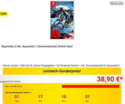 Bayonetta 2 inkl. Bayonetta 1 (Downloadcode) Switch Spiel - jetzt 12% billiger Bayonetta 2 inkl. Bayonetta 1 (Downloadcode) Switch Spiel - jetzt 12% billiger
