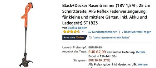 Black Decker 18V Rasentrimmer  ST1823 inkl. Akku und Ladegerät - jetzt 31% billiger