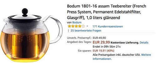 Bodum 1801-16 assam Teebereiter 1,0 Liter glänzend - jetzt 33% billiger