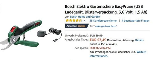 Bosch Elektro Gartenschere EasyPrune - jetzt 19% billiger Bosch Elektro Gartenschere EasyPrune - jetzt 19% billiger
