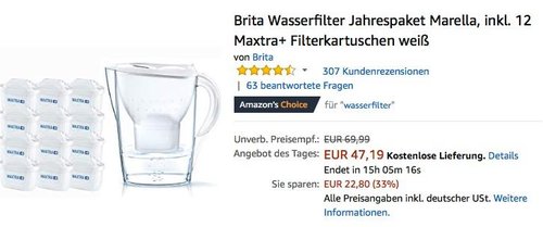 Brita Wasserfilter Jahrespaket Marella mit 12 Maxtra+ Filterkartuschen - jetzt 20% billiger Brita Wasserfilter Jahrespaket Marella mit 12 Maxtra+ Filterkartuschen - jetzt 20% billiger