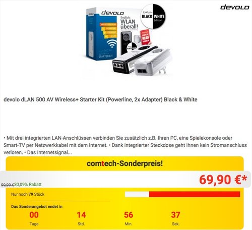devolo dLAN 500 AV Wireless+ Starter Kit (Powerline, 2x Adapter) Black & White - jetzt 29% billiger devolo dLAN 500 AV Wireless+ Starter Kit (Powerline, 2x Adapter) Black & White - jetzt 29% billiger