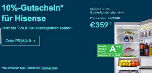 eBay - Aktion 10% Rabat auf Hisense TVs & Haushaltsgeräte: z.B. Hisense KGNF 285 A++ SI No Frost Kühl-Gefrierkombination - jetzt 10% billiger